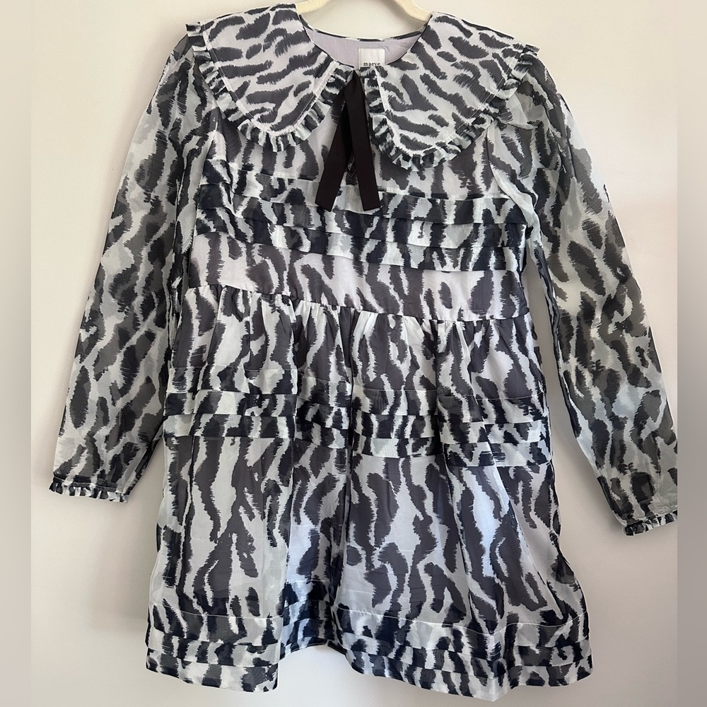 Maeve Womens Black & White Ruffle Collar Animal Print Dress Size M Event Party
